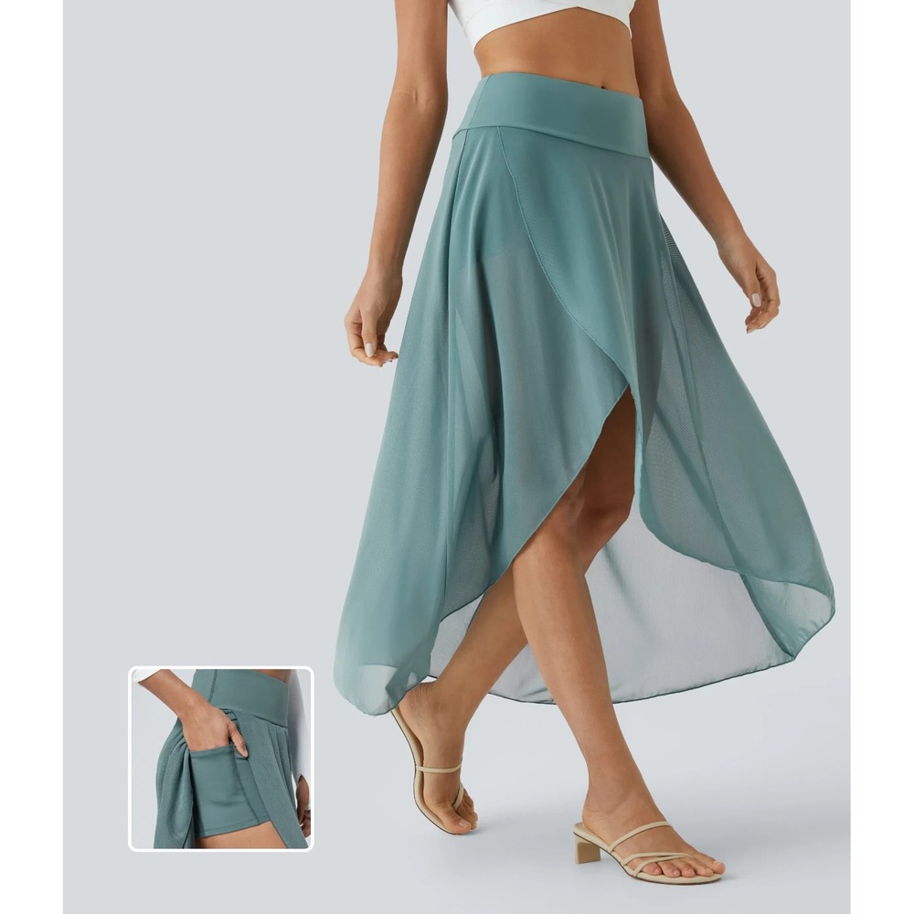 Halara NEW High Low Ruffle Pocket Flare Mesh Casual 2 in 1 Maxi Skirt XL Mineral